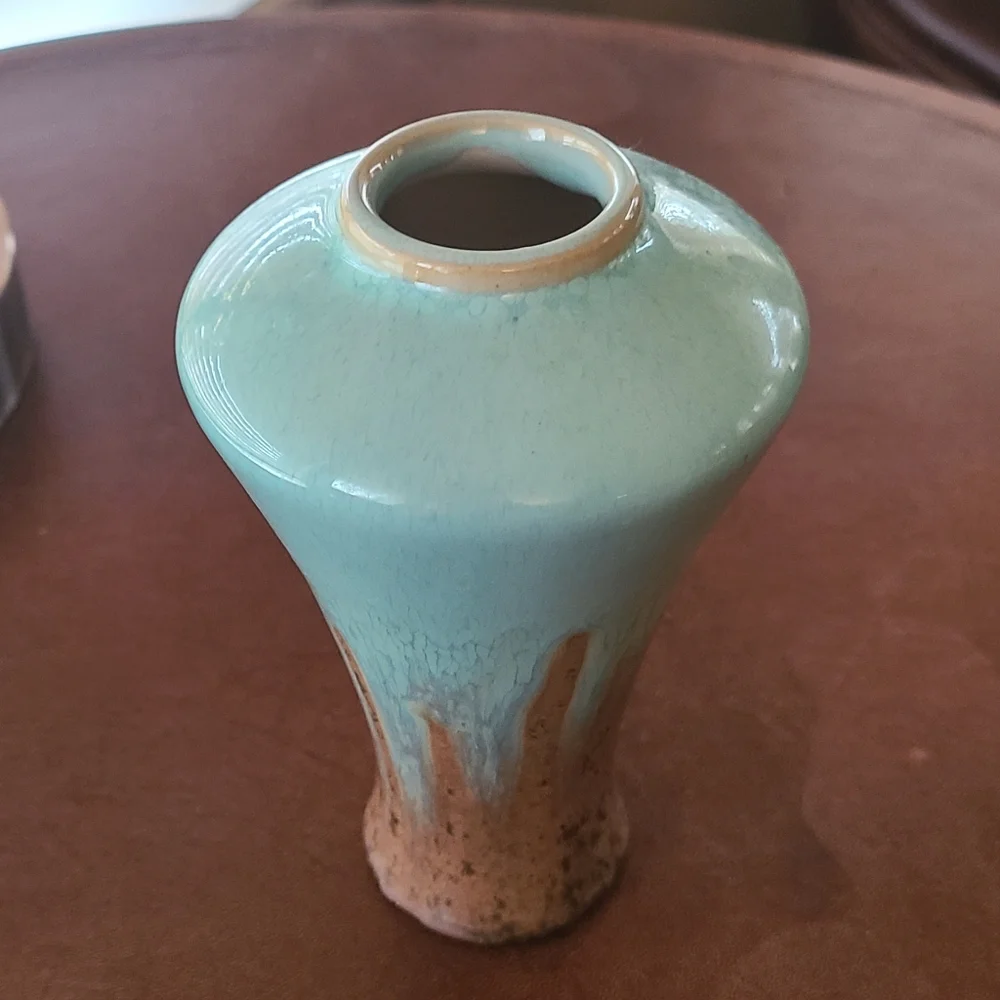 Arts & Crafts style studio pottery vase with beautiful soft blue and brown glaze